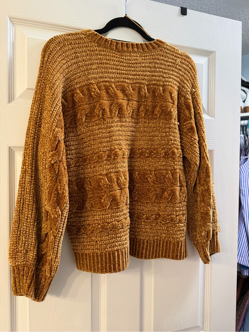 Pink Rose Chunky Cable-Knit Crew Sweater in Mustard